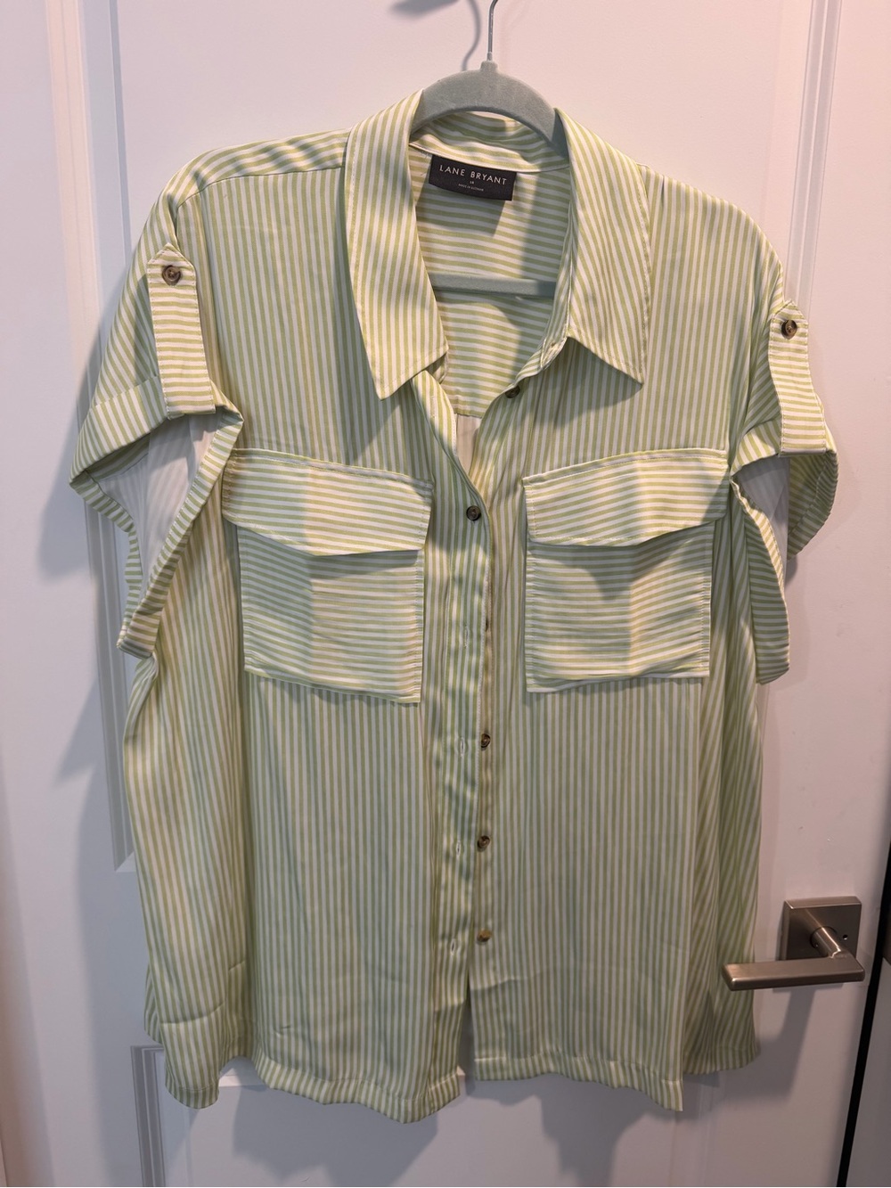 Lane Bryant Light Green and White Striped Short Sleeve Button-Down